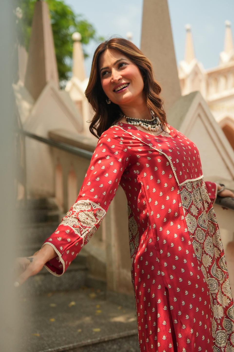 Red Block Print Small Side Buti Muslin Kurta Set