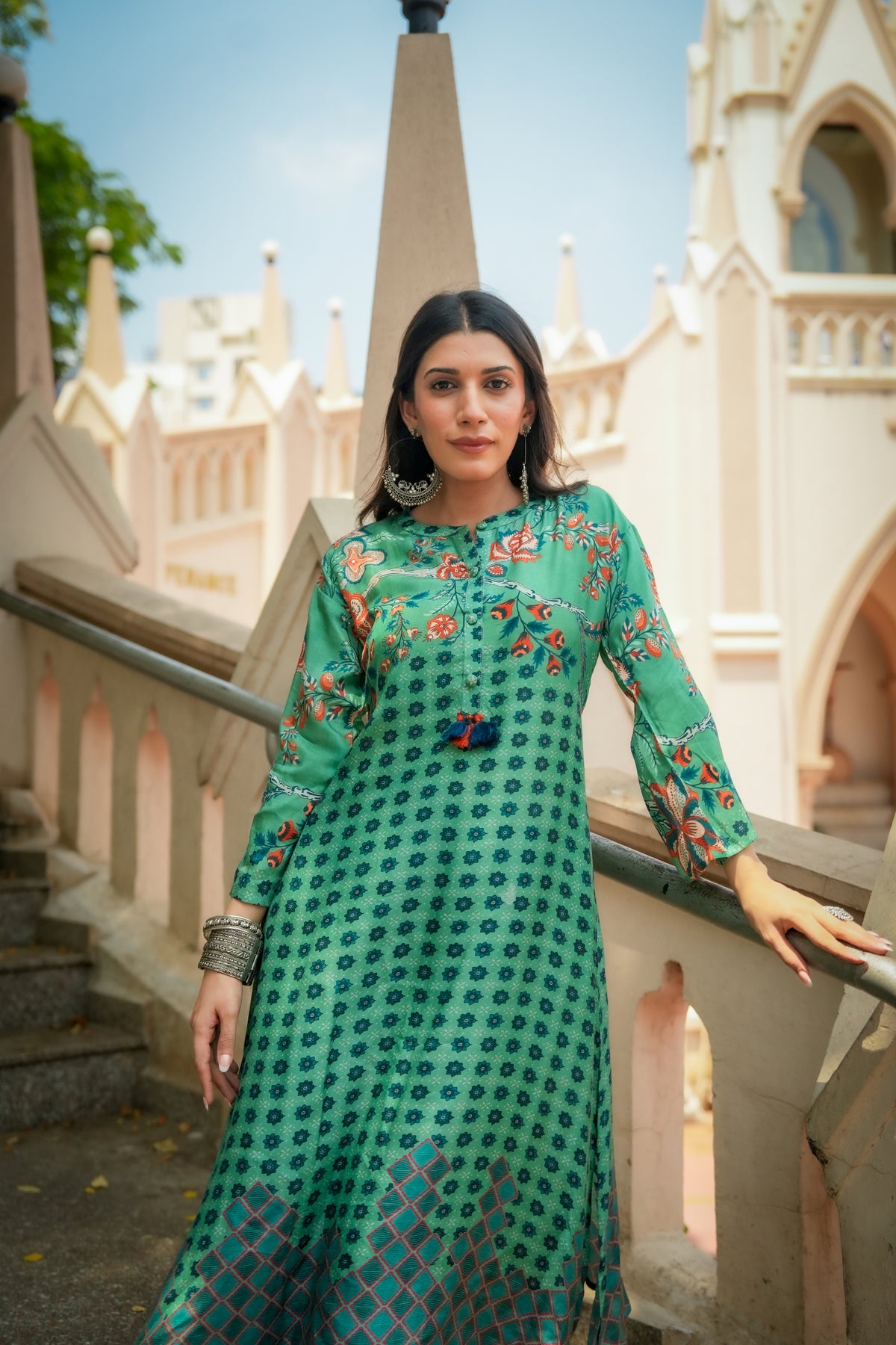 Green and Blue Pure Muslin Block and Floral Placement Print with Tassels Kurta Set