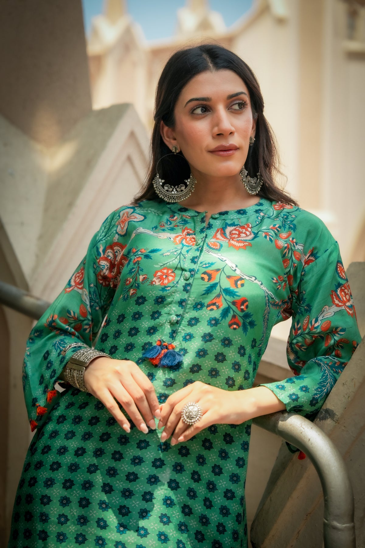 Green and Blue Pure Muslin Block and Floral Placement Print with Tassels Kurta Set
