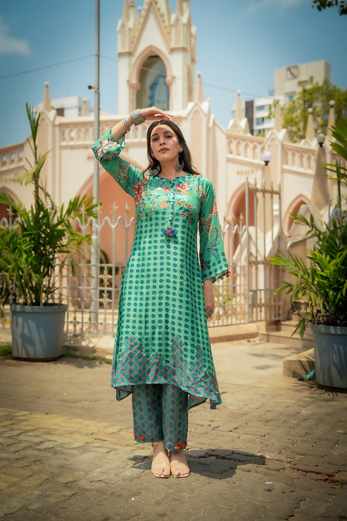 Green and Blue Pure Muslin Block and Floral Placement Print with Tassels Kurta Set
