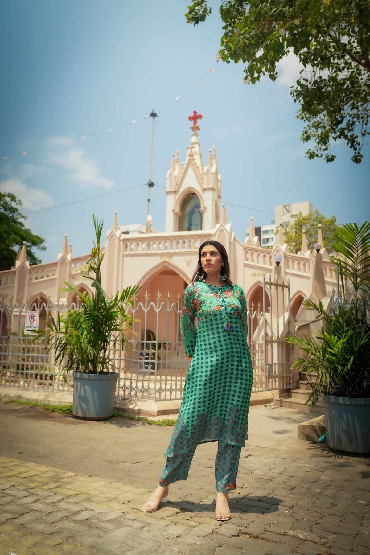 Green and Blue Pure Muslin Block and Floral Placement Print with Tassels Kurta Set