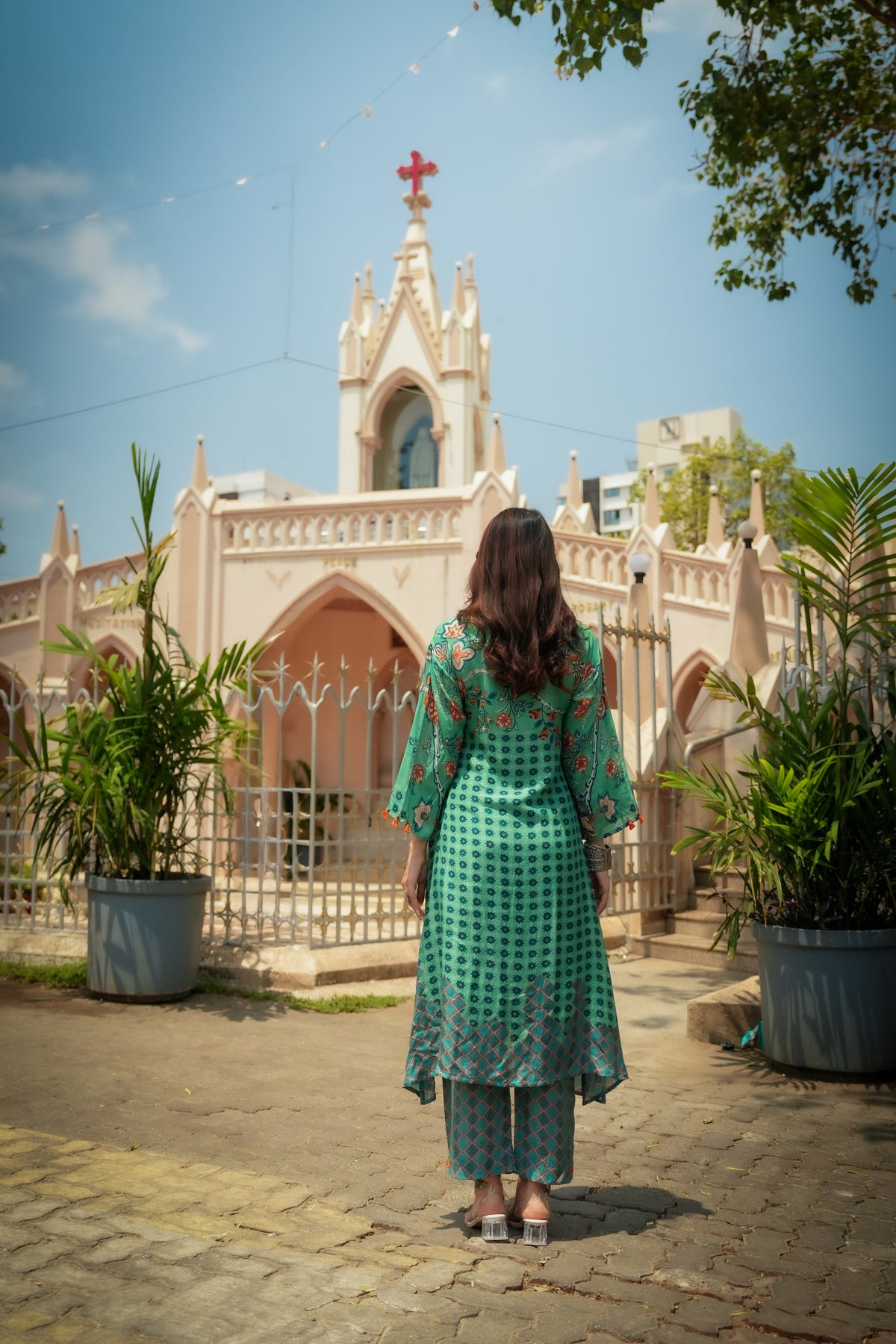 Green and Blue Pure Muslin Block and Floral Placement Print with Tassels Kurta Set