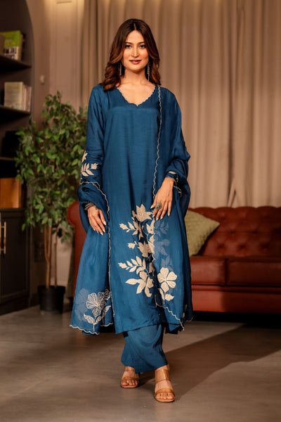 Rama blue appliqué work pure dola silk suit set