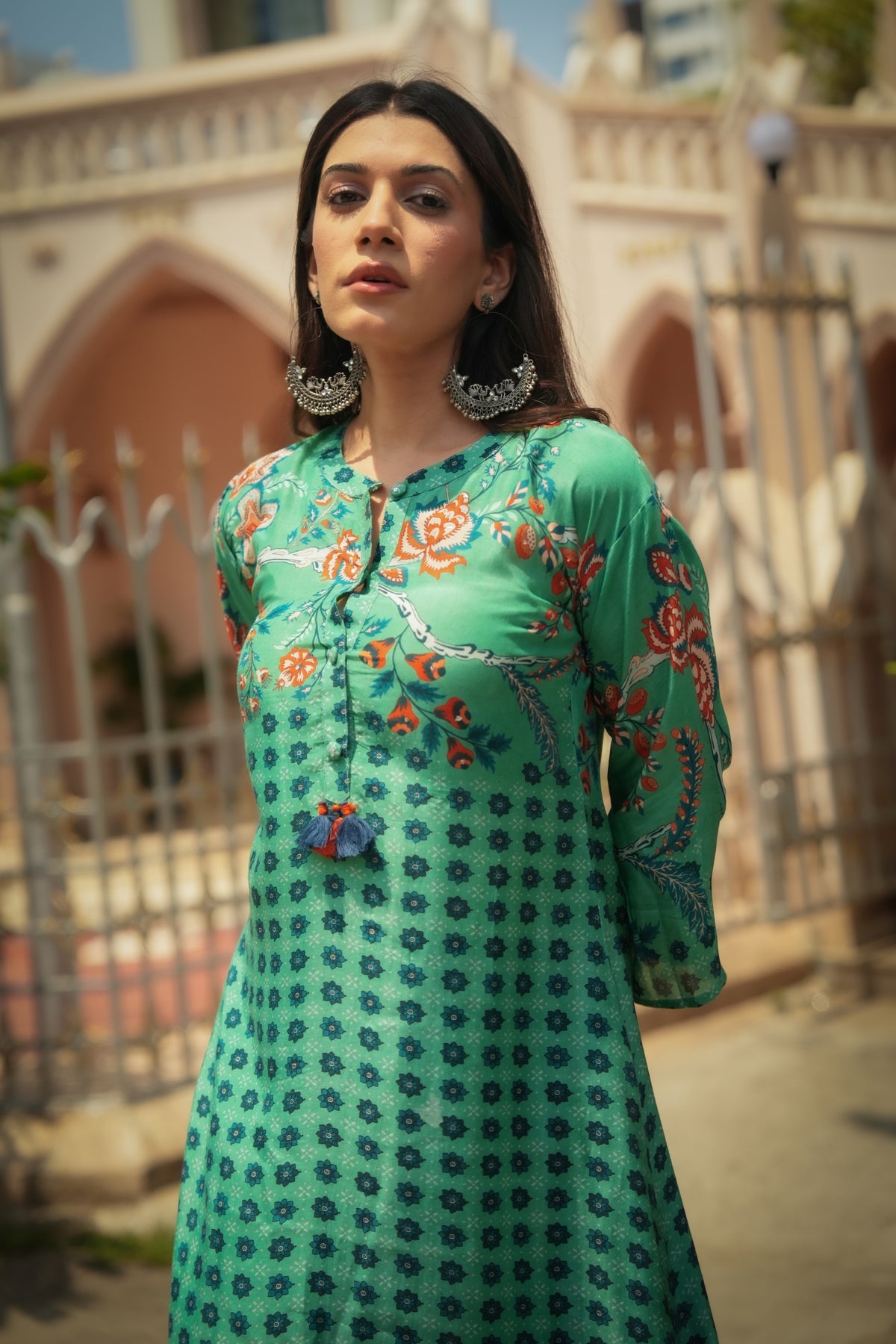 Green and Blue Pure Muslin Block and Floral Placement Print with Tassels Kurta Set