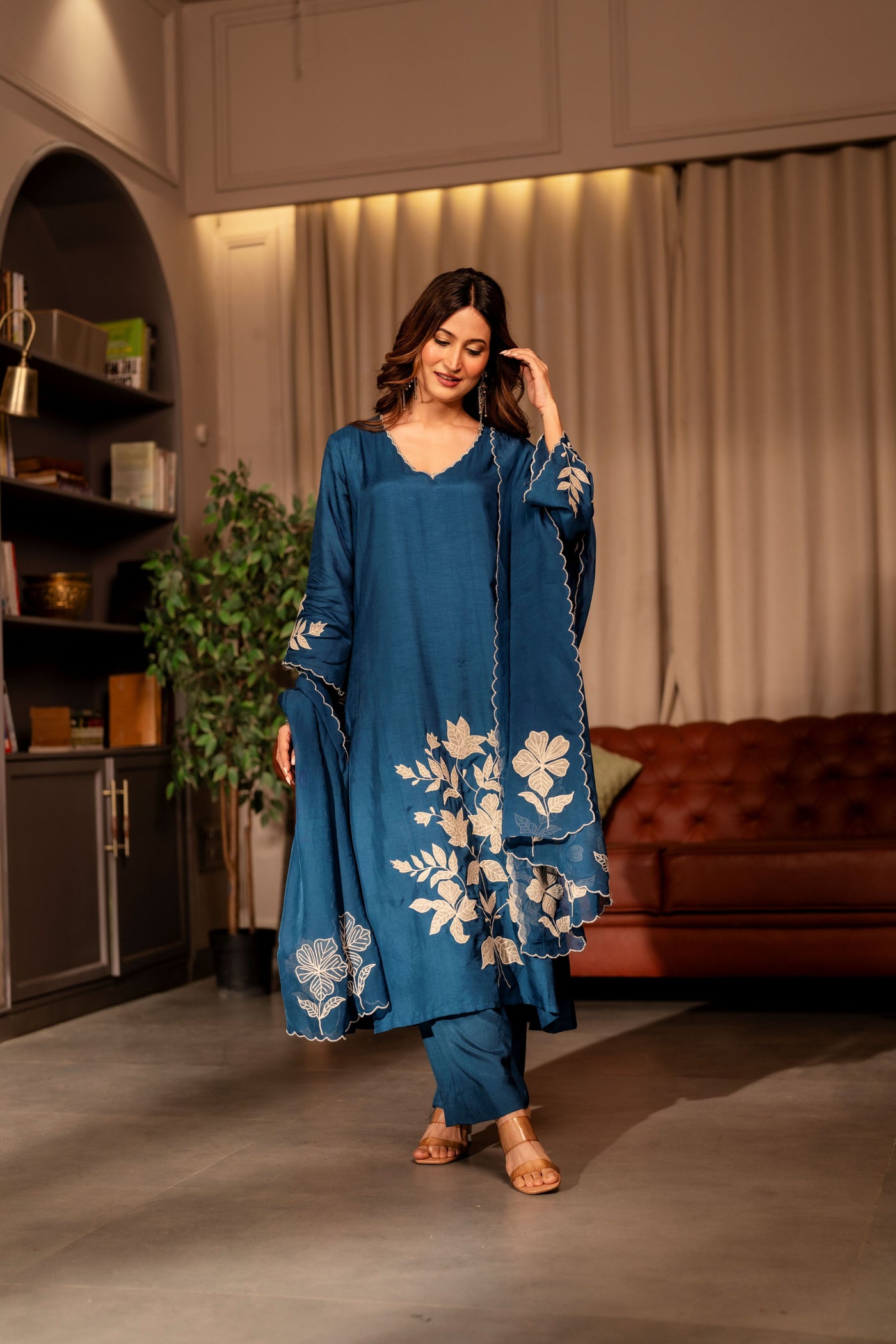 Rama blue appliqué work pure dola silk suit set
