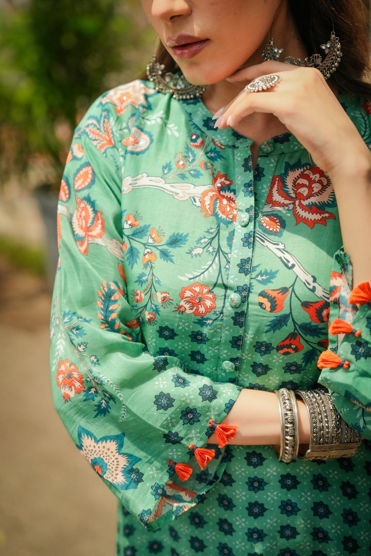 Green and Blue Pure Muslin Block and Floral Placement Print with Tassels Kurta Set