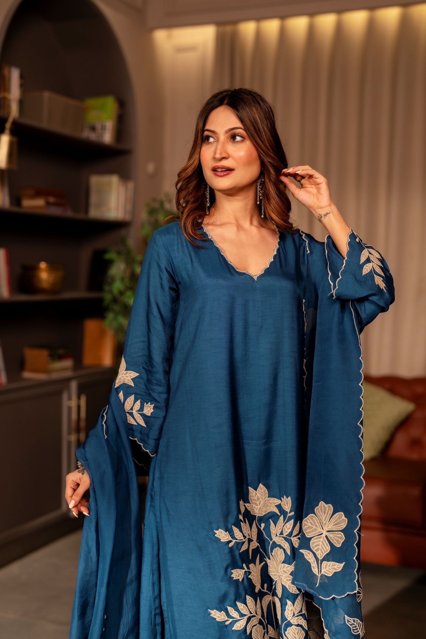 Rama blue appliqué work pure dola silk suit set