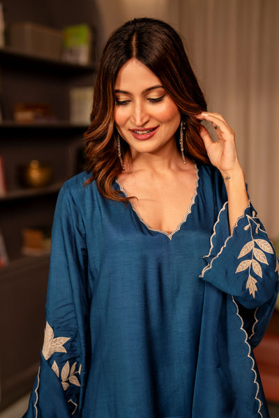 Rama blue appliqué work pure dola silk suit set