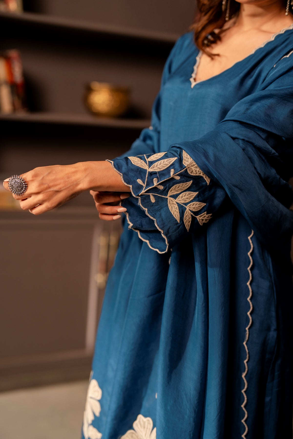 Rama blue appliqué work pure dola silk suit set