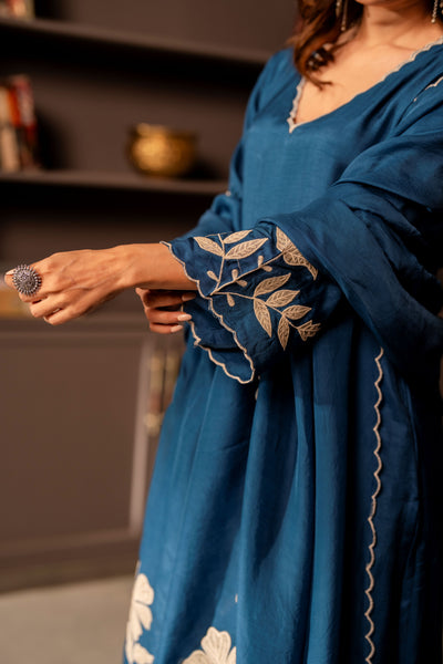 Rama blue appliqué work pure dola silk suit set