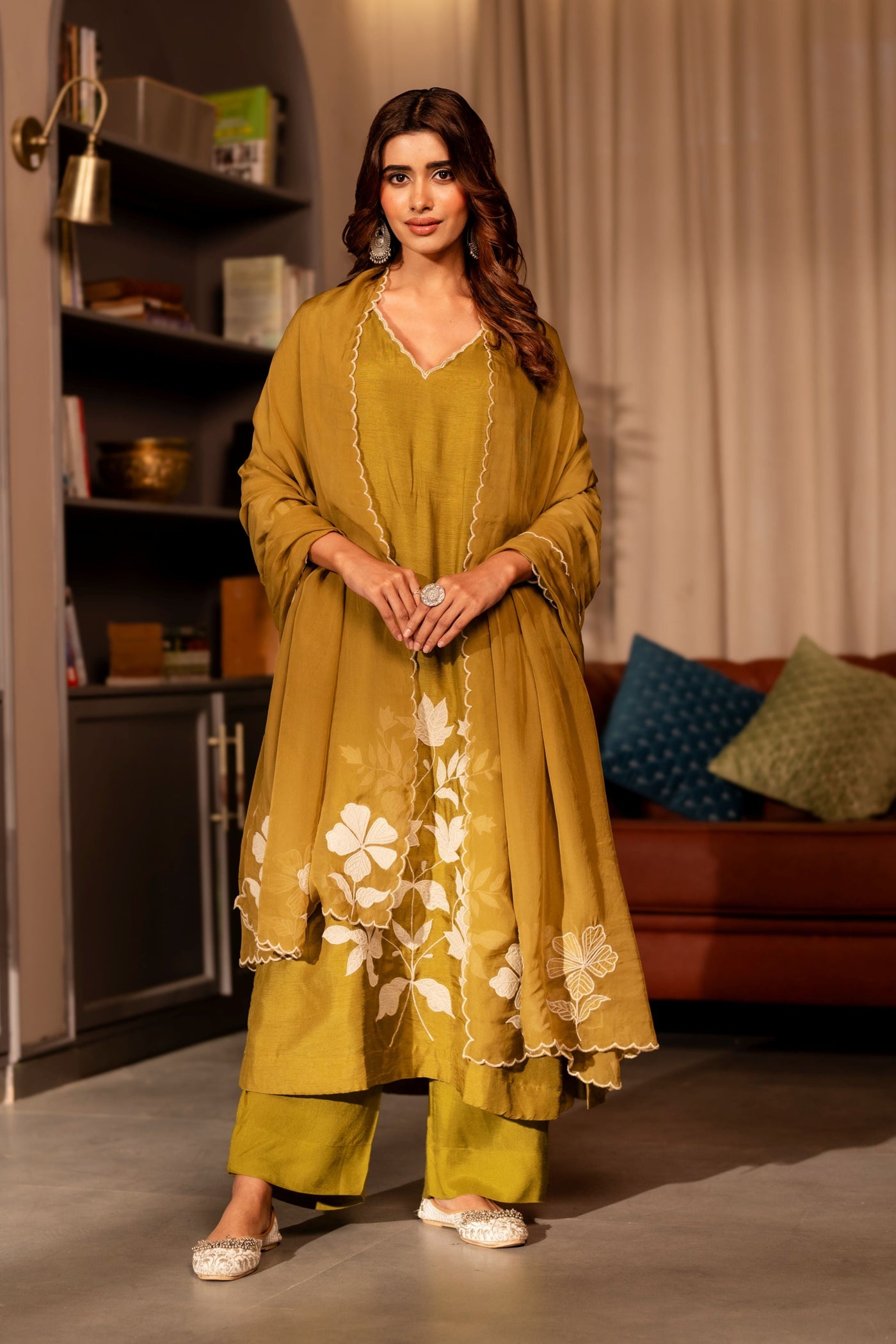 Mehandi green appliqué work pure dola silk suit set