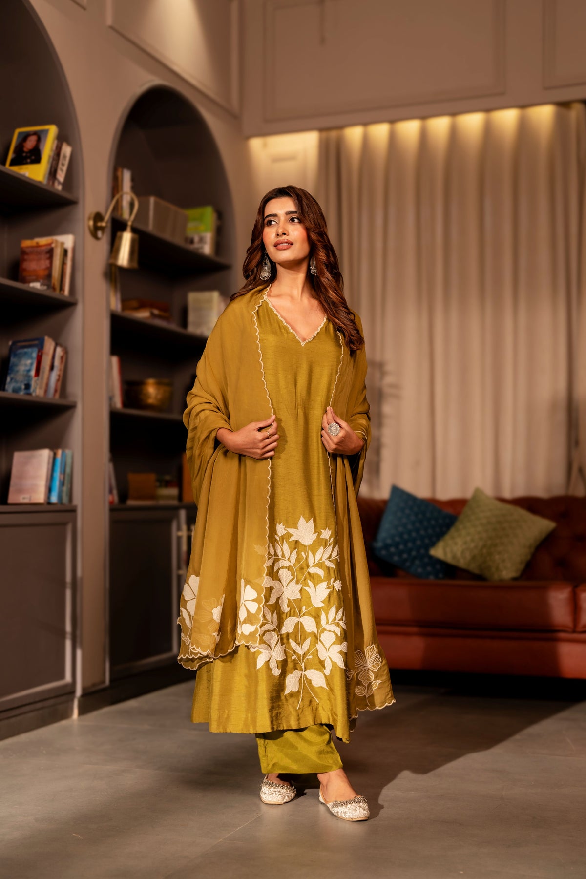 Mehandi green appliqué work pure dola silk suit set
