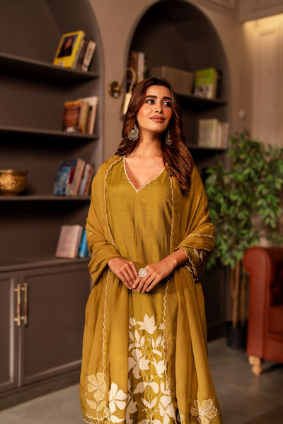 Mehandi green appliqué work pure dola silk suit set