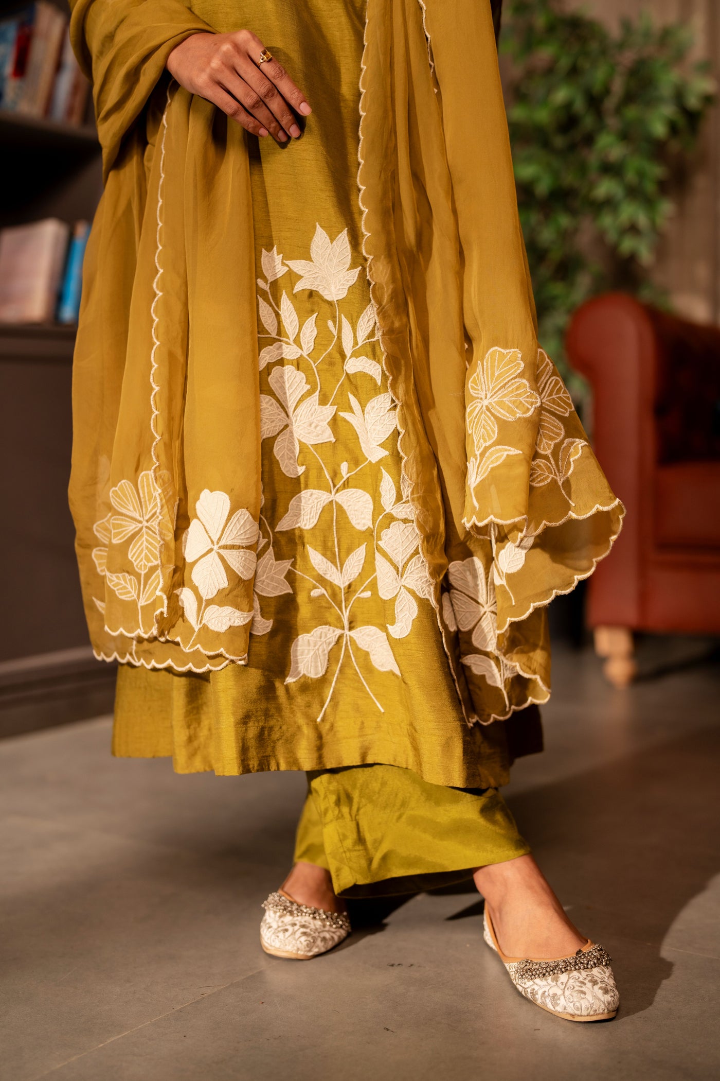 Mehandi green appliqué work pure dola silk suit set