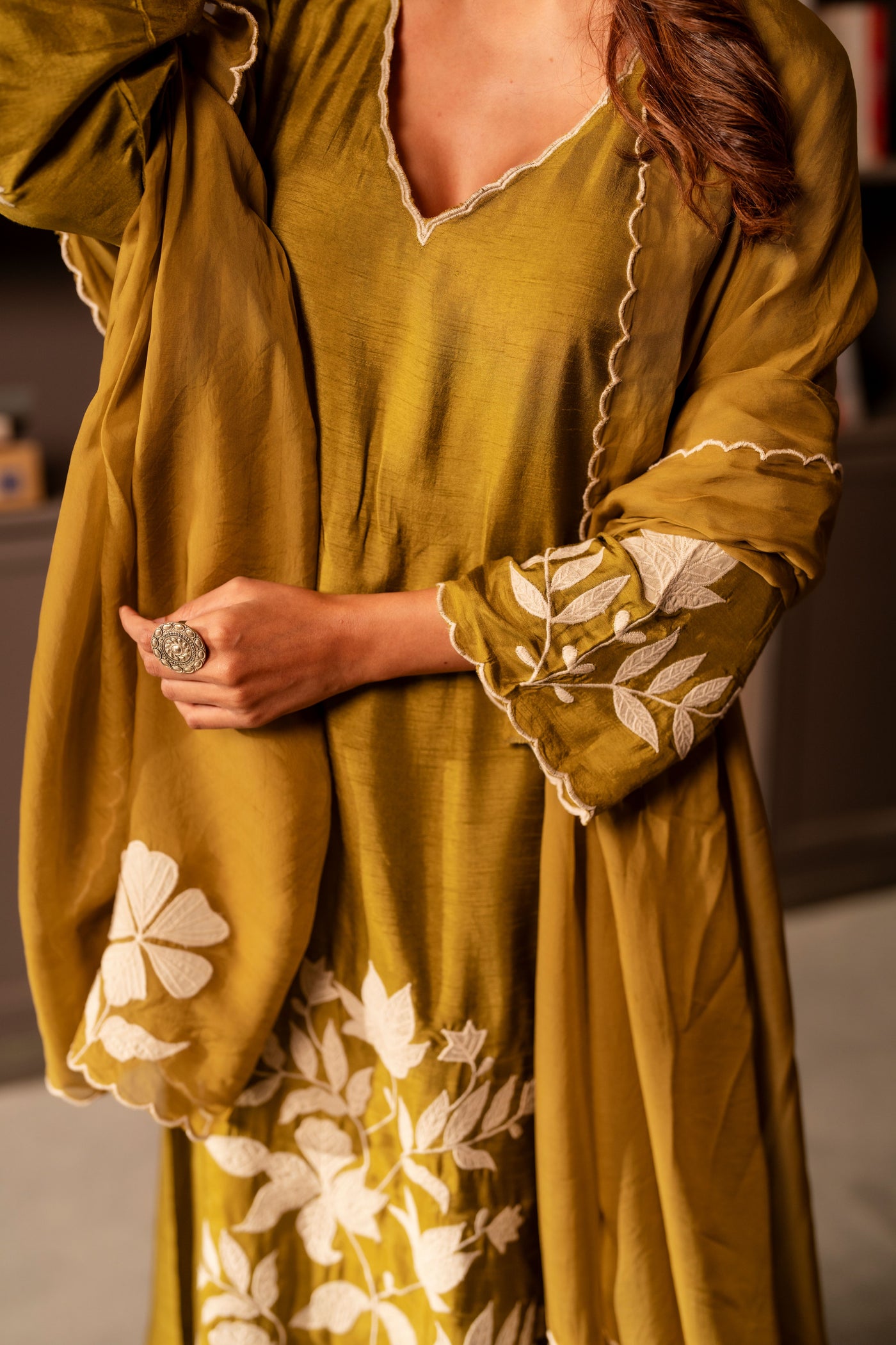 Mehandi green appliqué work pure dola silk suit set