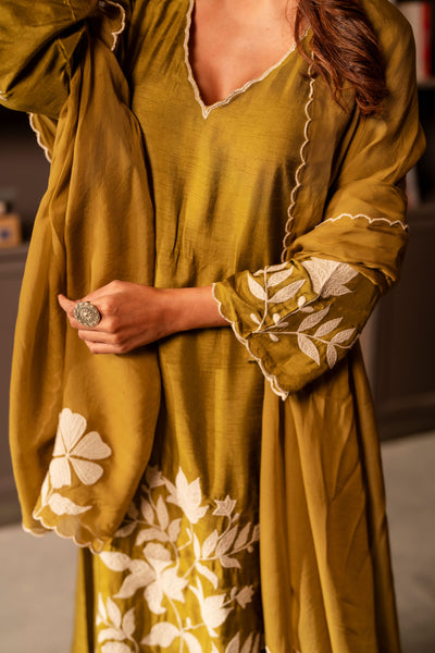 Mehandi green appliqué work pure dola silk suit set