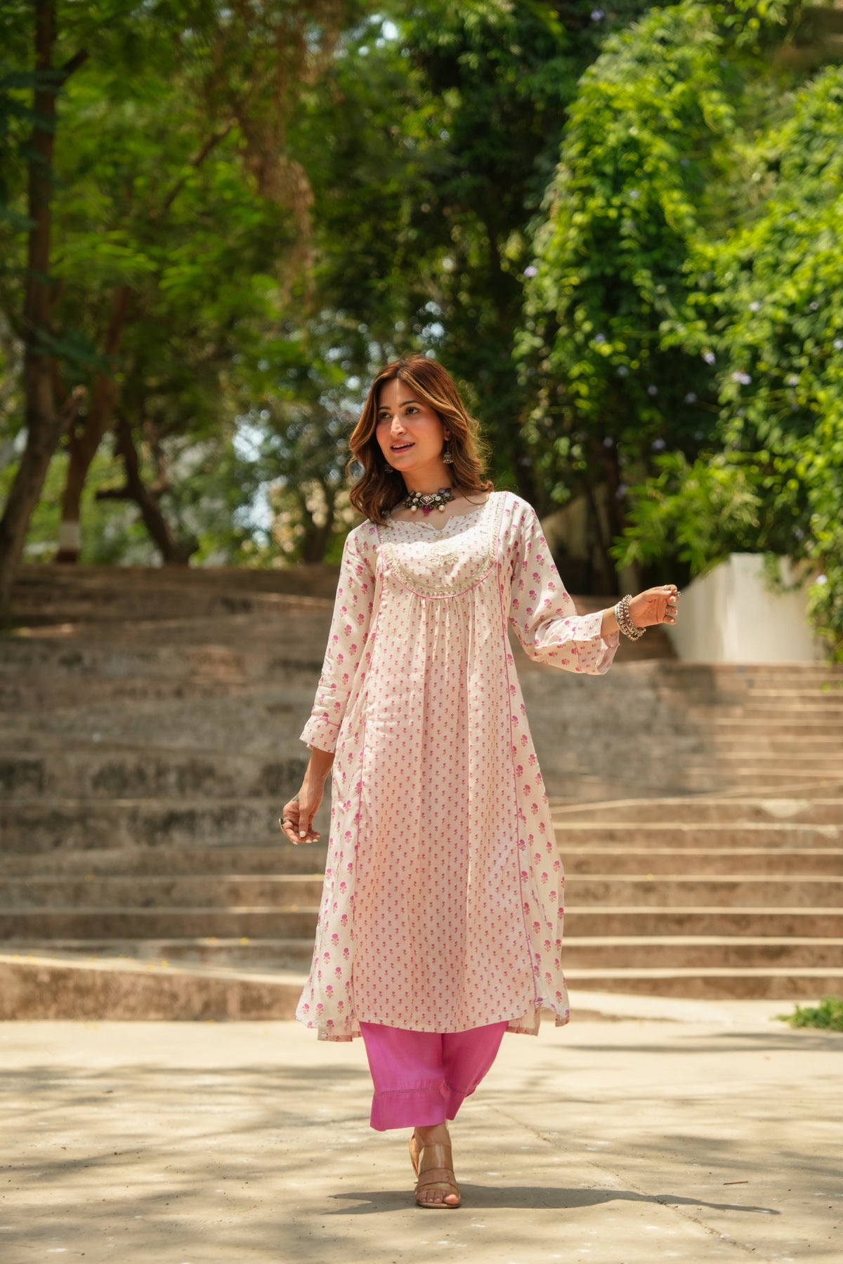 Pink and Beige Pure Muslin Gota Work Yoke Block Printed Kurta Set