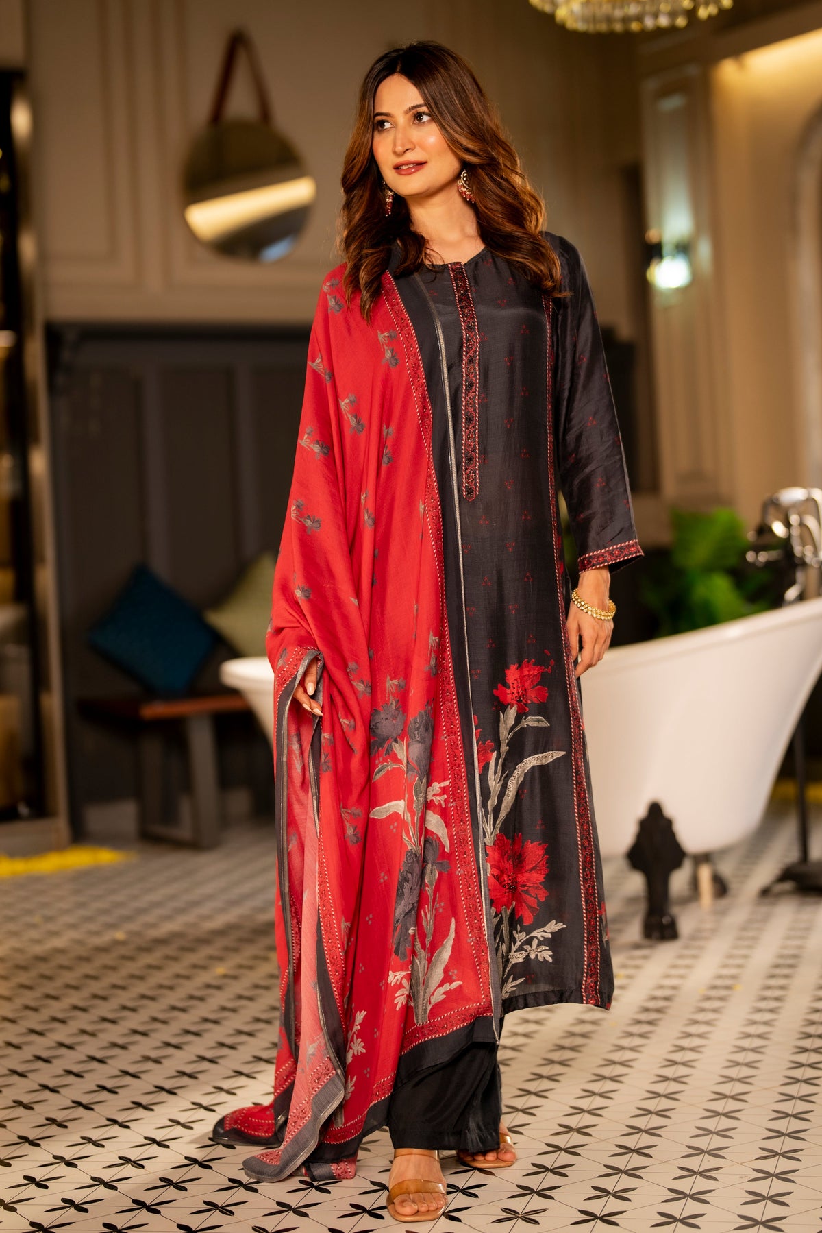 Black and Red Muslin Floral Panel Print Suit Set with beads work