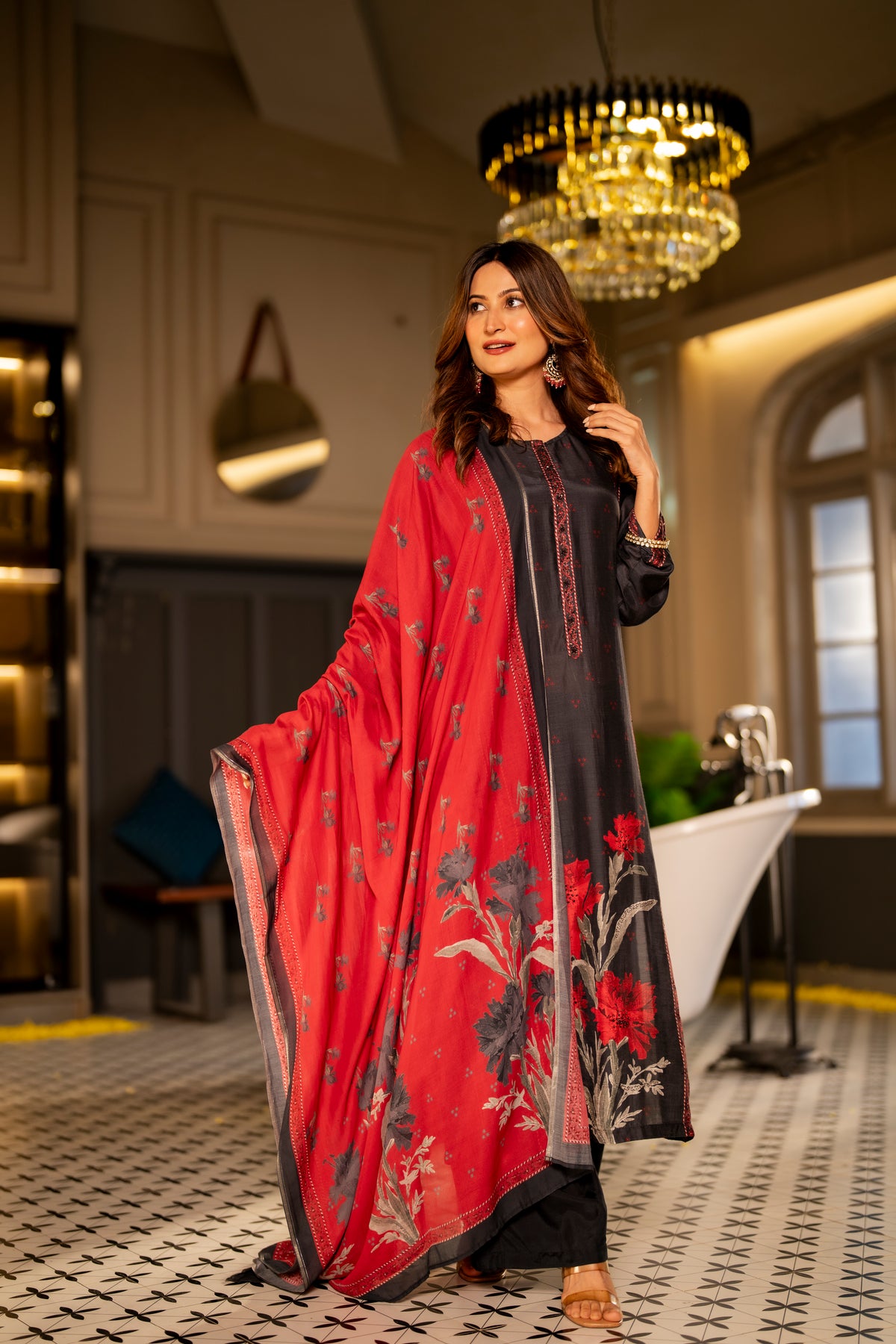 Black and Red Muslin Floral Panel Print Suit Set with beads work