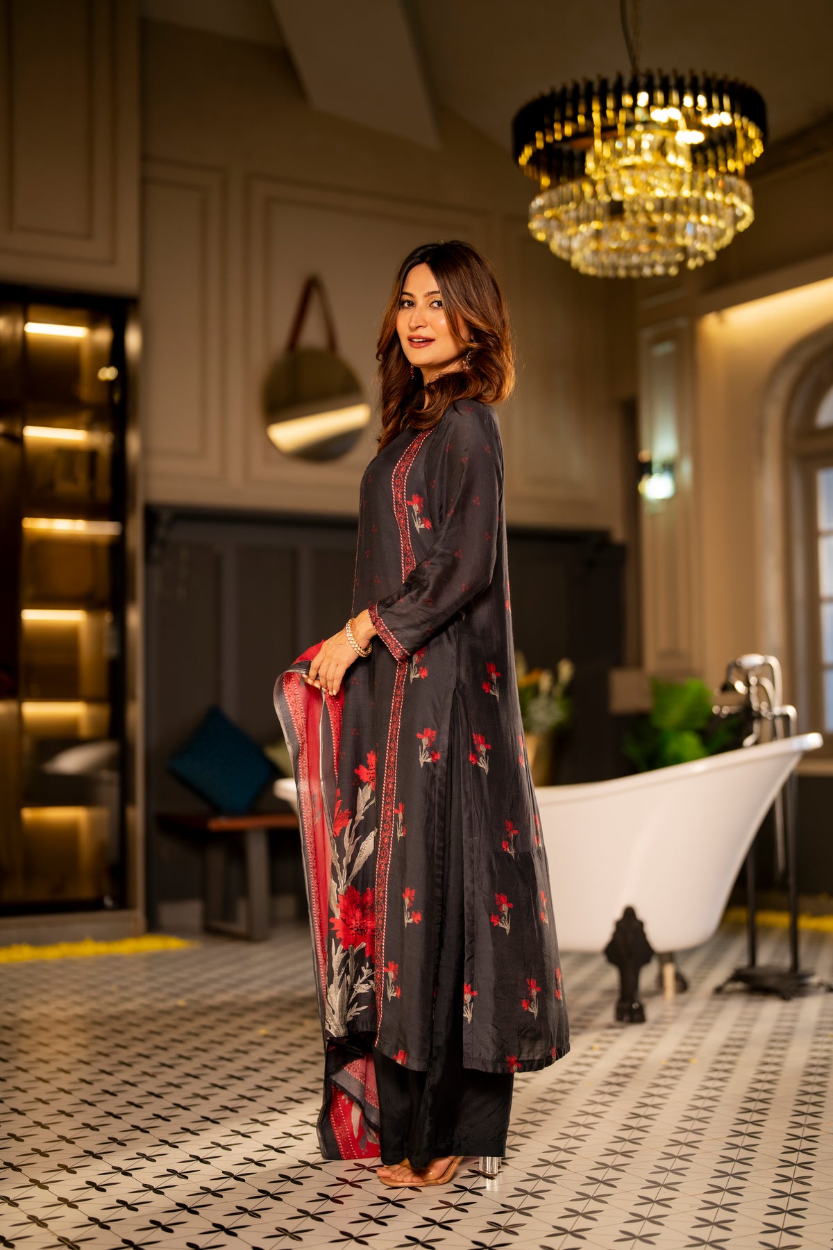 Black and Red Muslin Floral Panel Print Suit Set with beads work