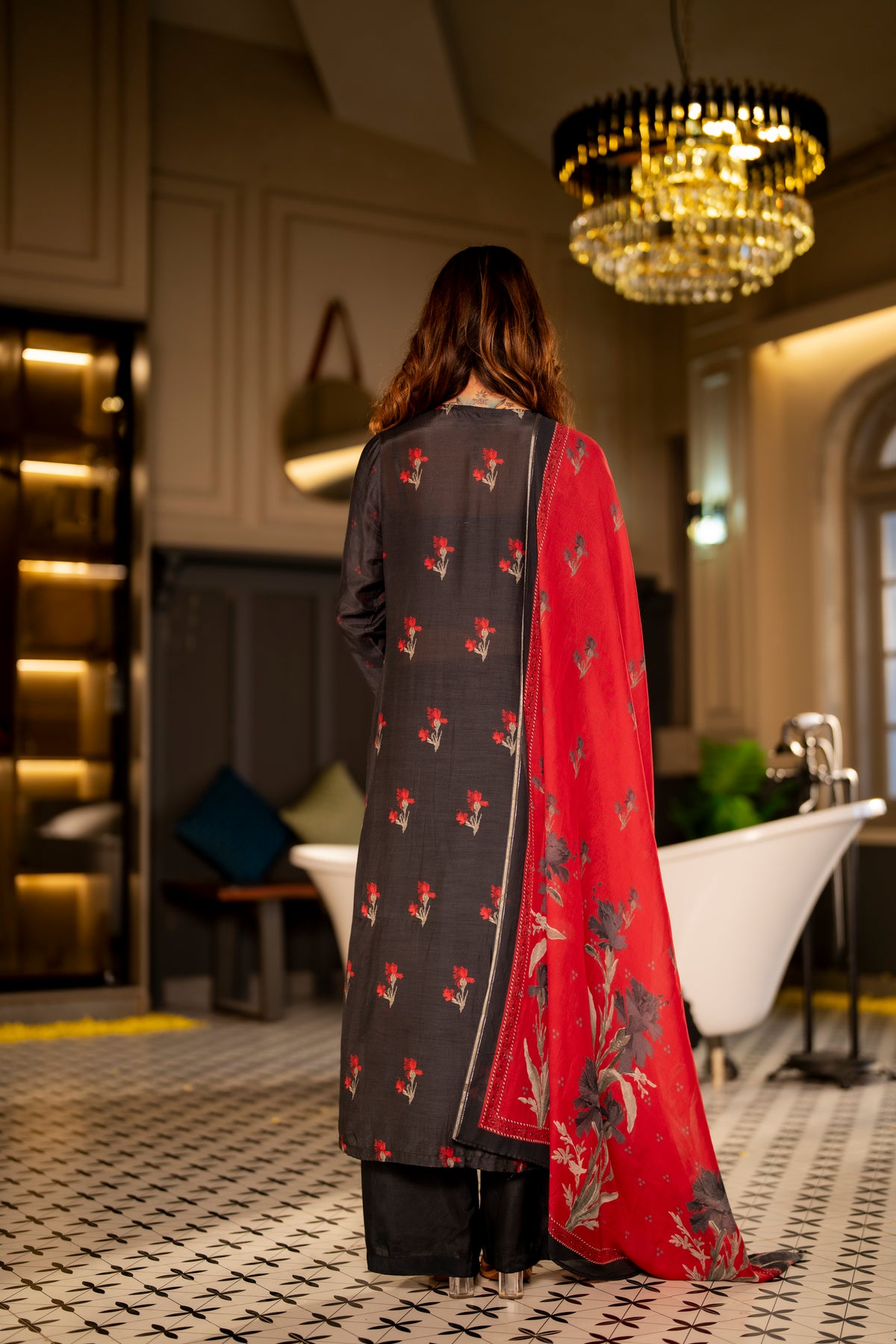 Black and Red Muslin Floral Panel Print Suit Set with beads work