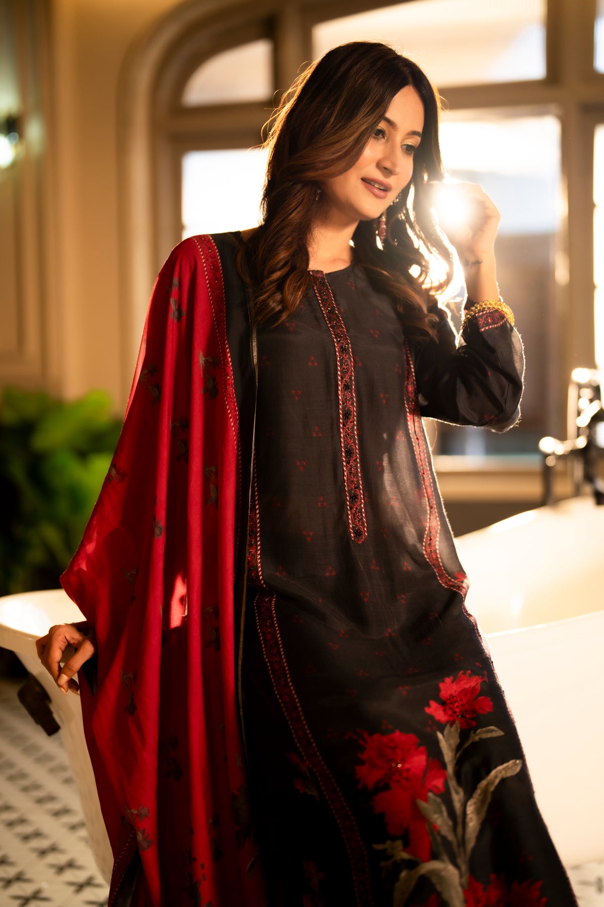 Black and Red Muslin Floral Panel Print Suit Set with beads work