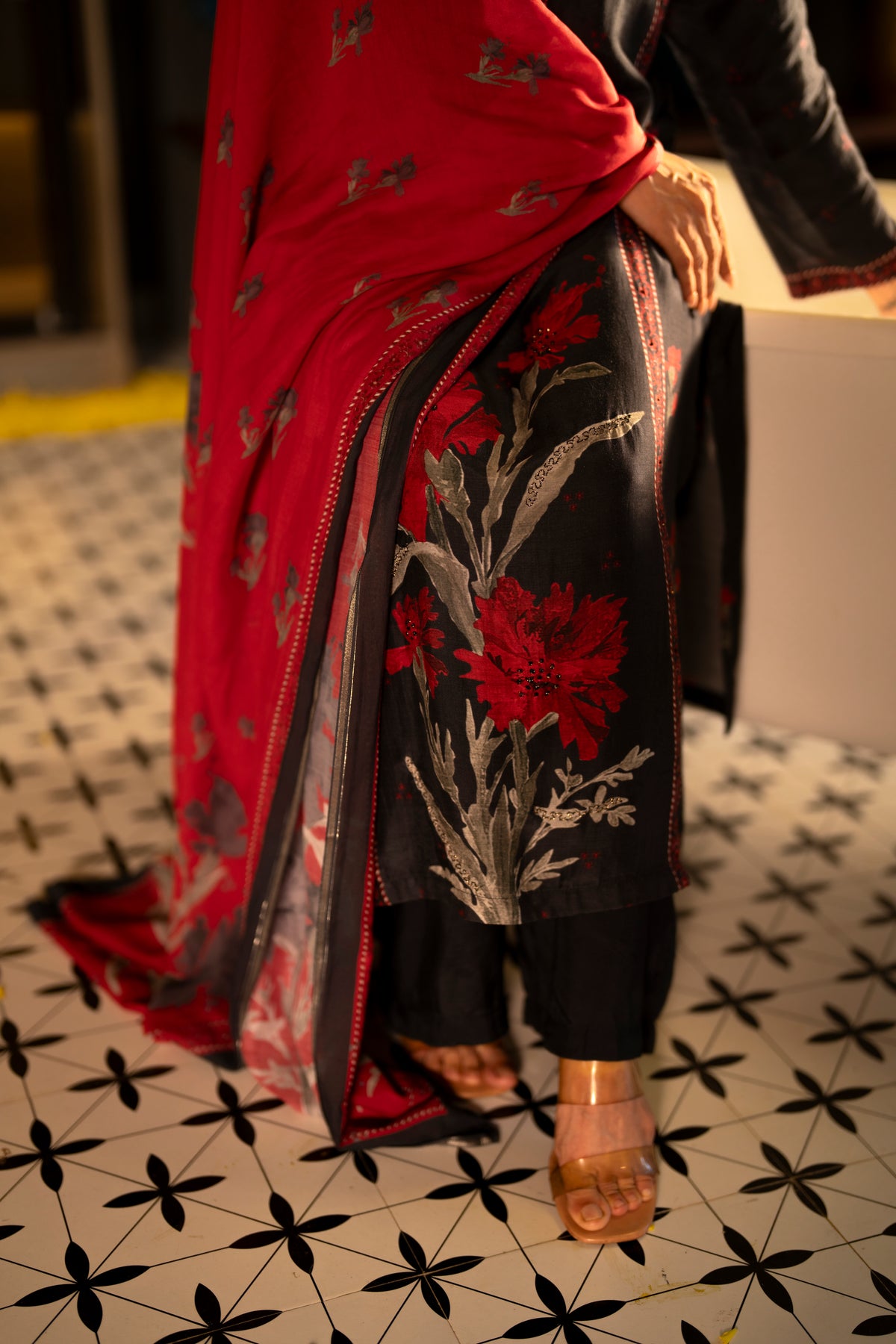 Black and Red Muslin Floral Panel Print Suit Set with beads work