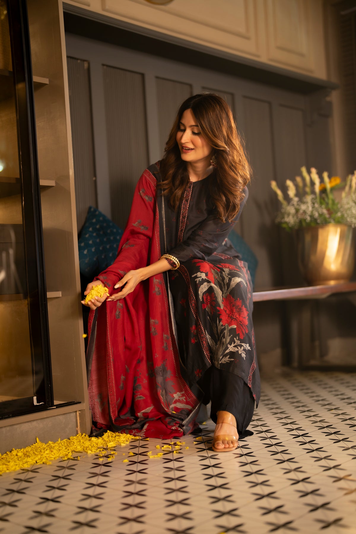 Black and Red Muslin Floral Panel Print Suit Set with beads work