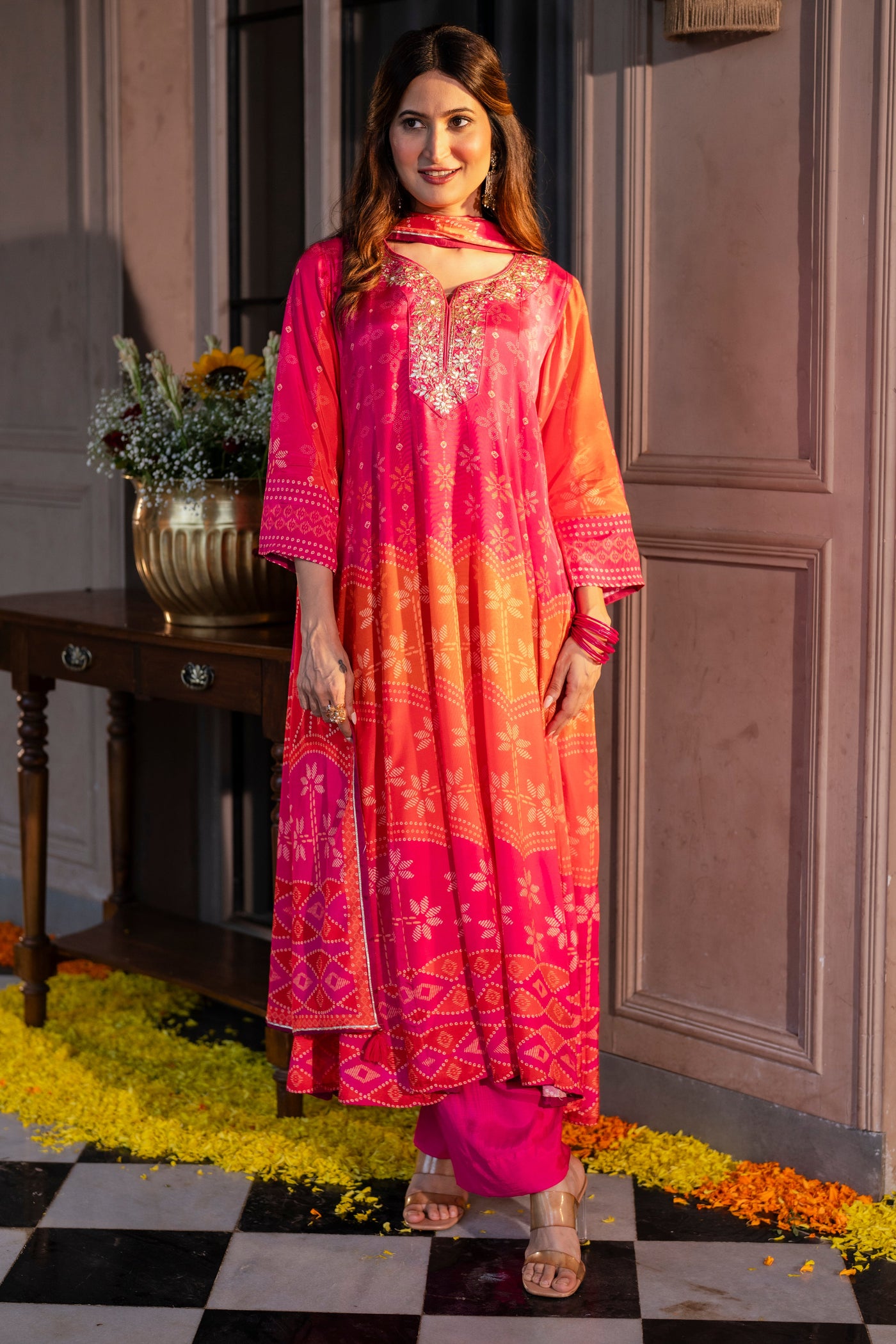 Pink Muslin Anarkali Suit Set with Gota Work on Neck