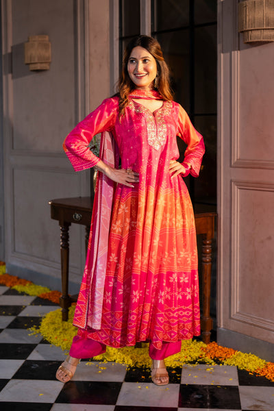 Pink Muslin Anarkali Suit Set with Gota Work on Neck