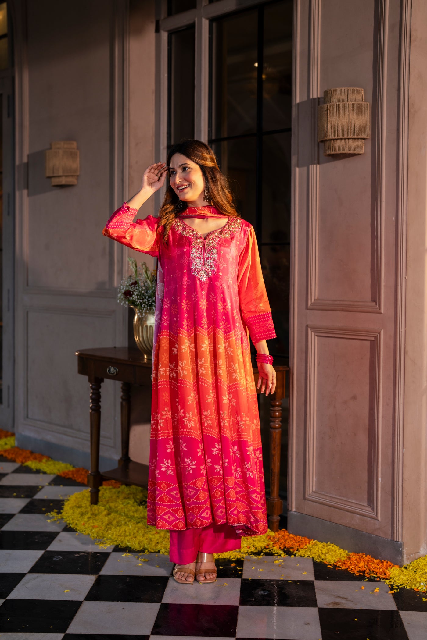 Pink Muslin Anarkali Suit Set with Gota Work on Neck