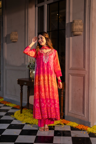 Pink Muslin Anarkali Suit Set with Gota Work on Neck