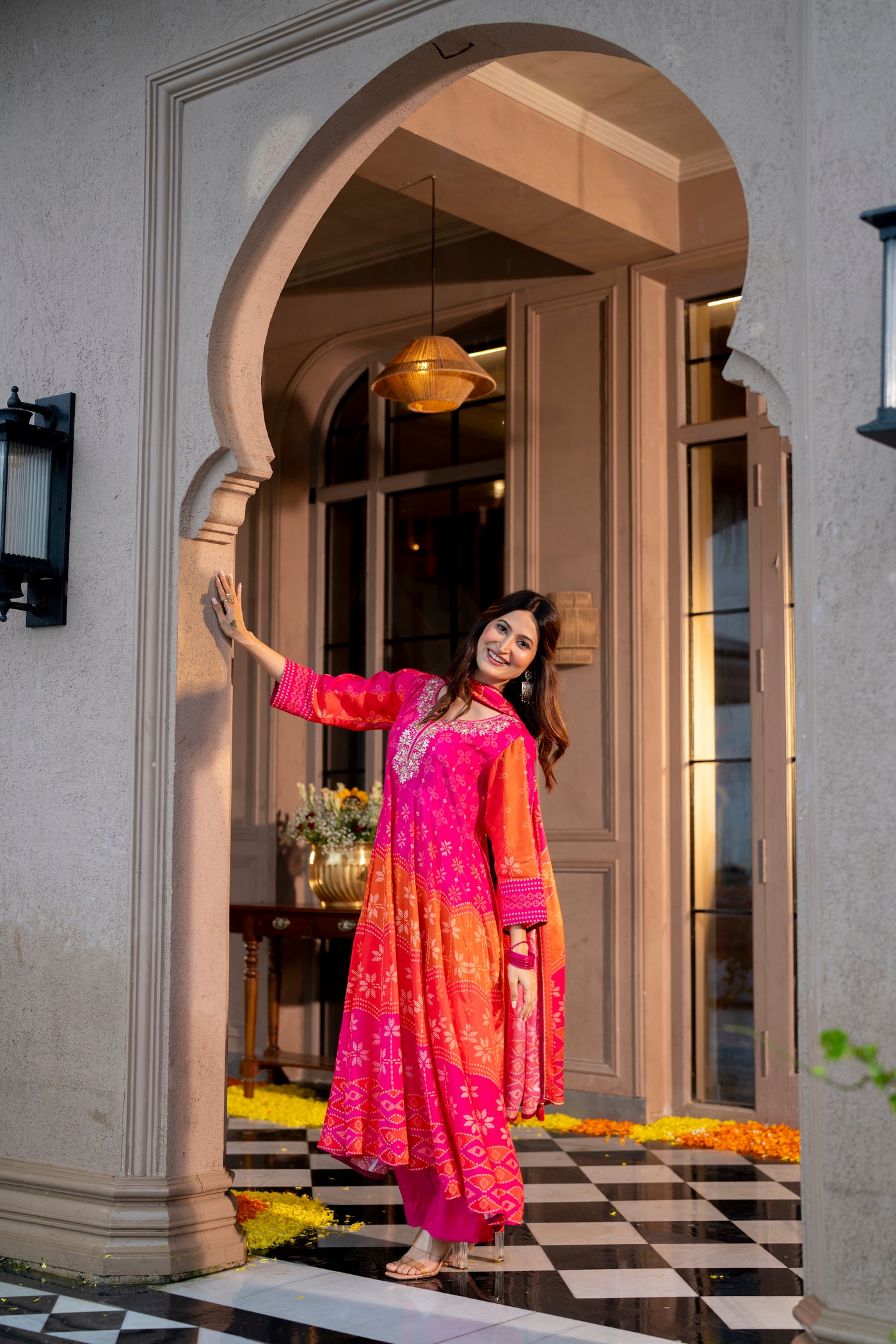 Pink Muslin Anarkali Suit Set with Gota Work on Neck