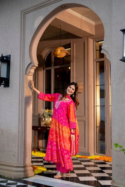 Pink Muslin Anarkali Suit Set with Gota Work on Neck