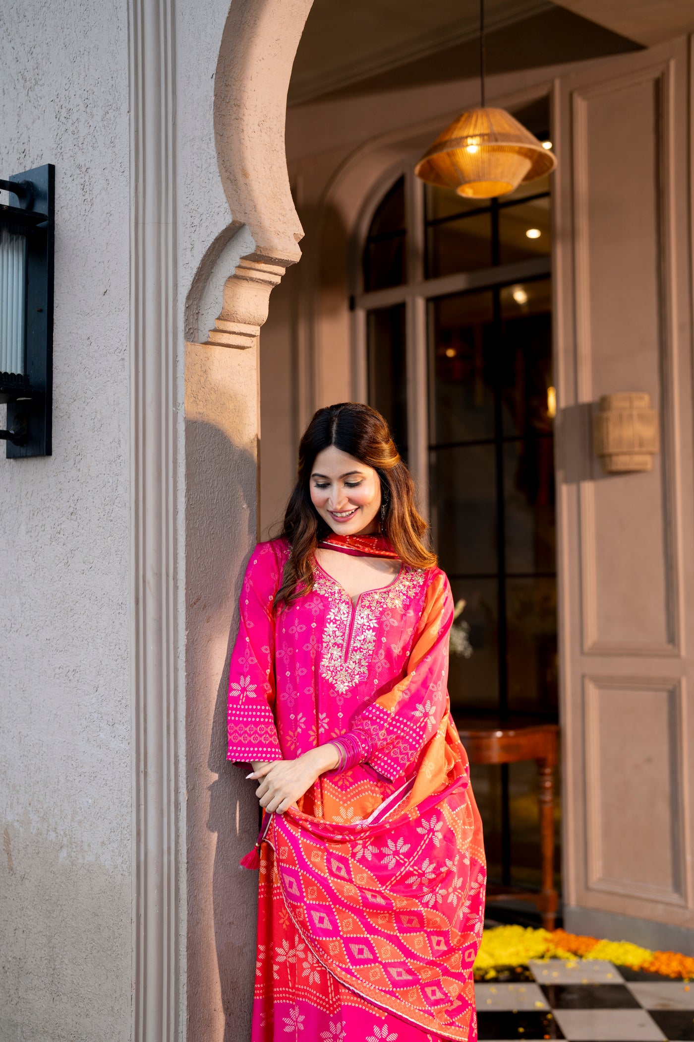 Pink Muslin Anarkali Suit Set with Gota Work on Neck