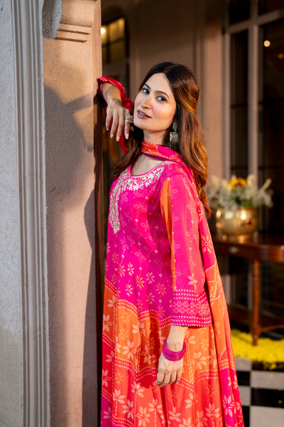 Pink Muslin Anarkali Suit Set with Gota Work on Neck