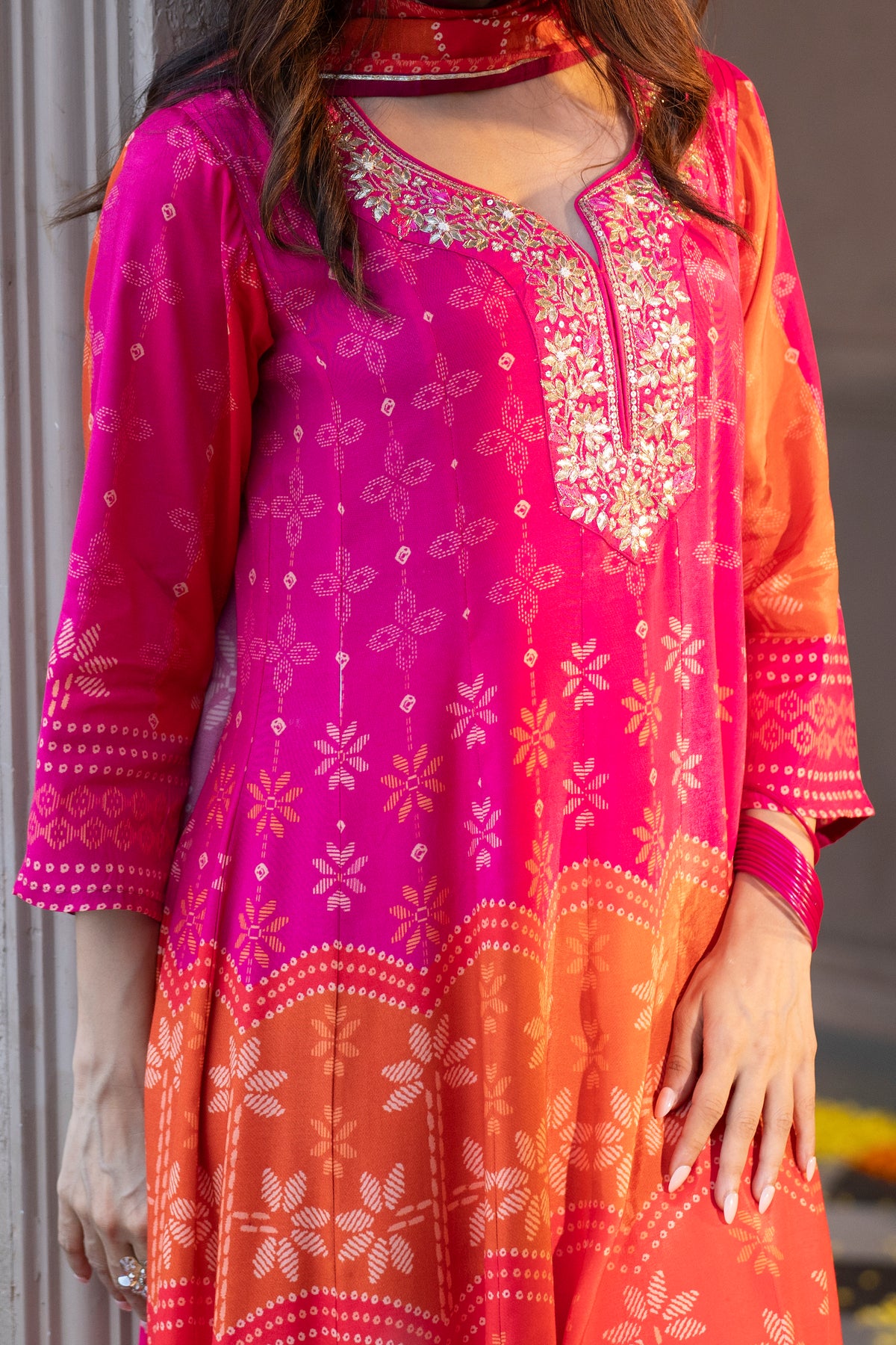 Pink Muslin Anarkali Suit Set with Gota Work on Neck