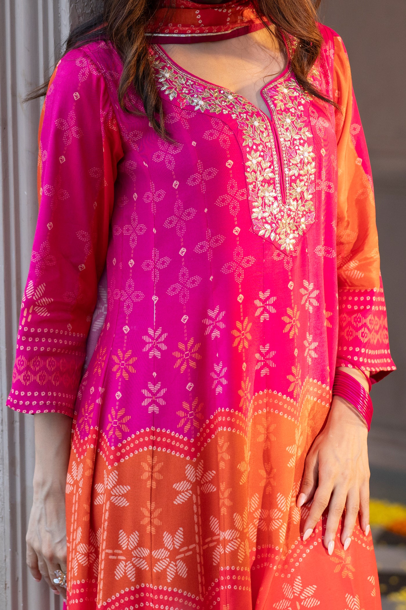 Pink Muslin Anarkali Suit Set with Gota Work on Neck