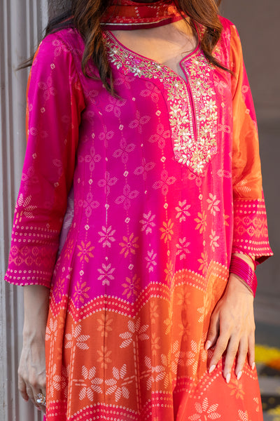 Pink Muslin Anarkali Suit Set with Gota Work on Neck