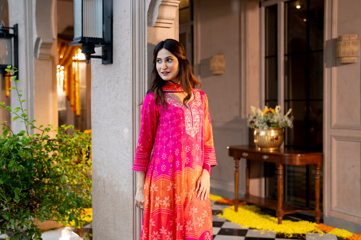 Pink Muslin Anarkali Suit Set with Gota Work on Neck