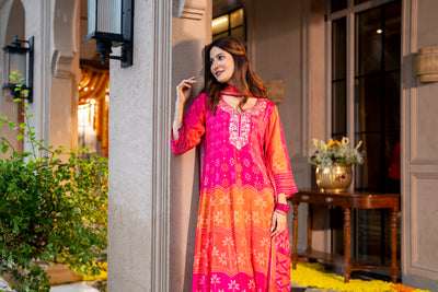 Pink Muslin Anarkali Suit Set with Gota Work on Neck