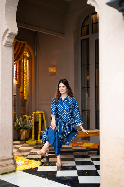 Blue Lehariya Gota Work Collared Kurta Set
