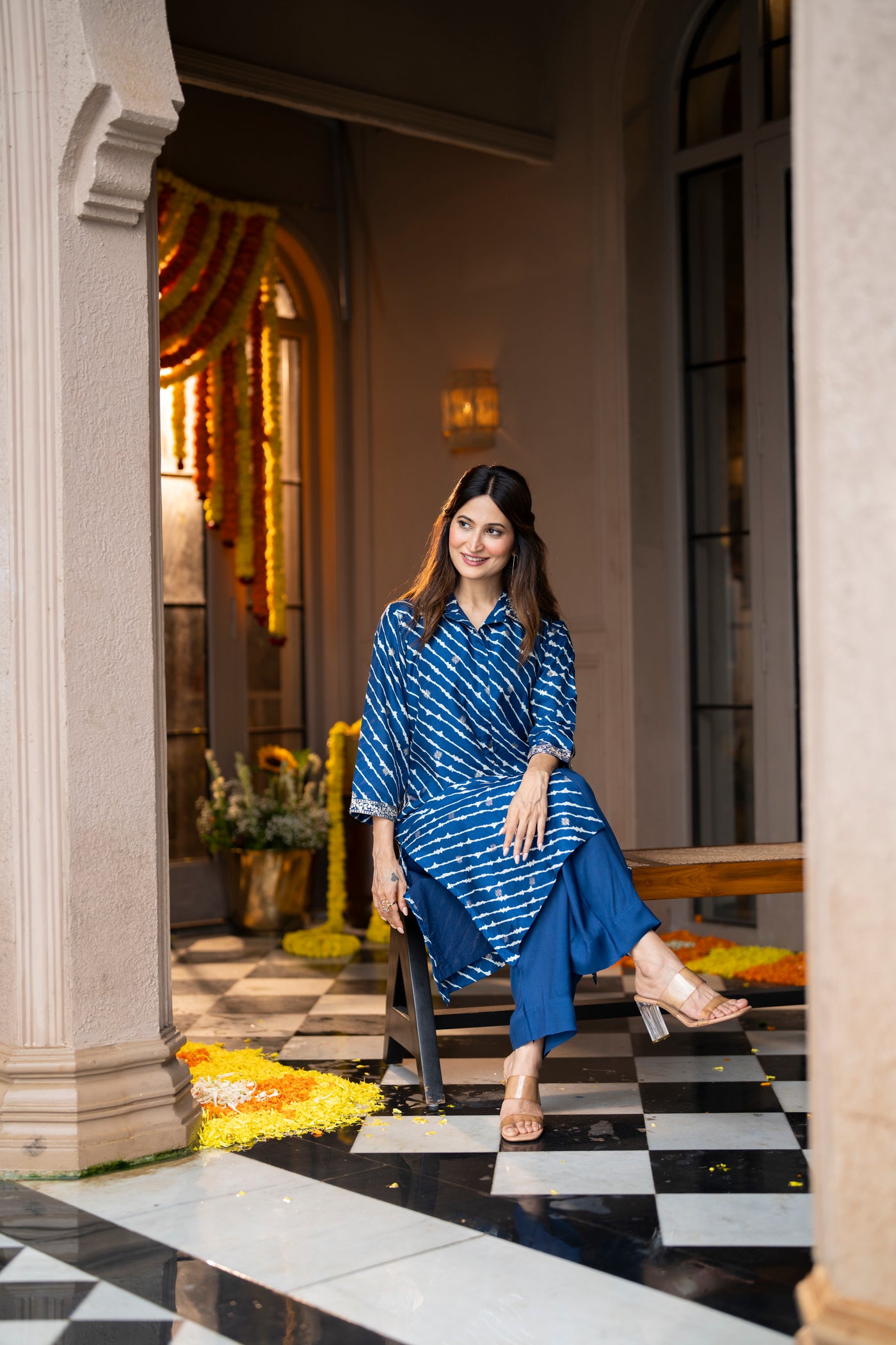 Blue Lehariya Gota Work Collared Kurta Set