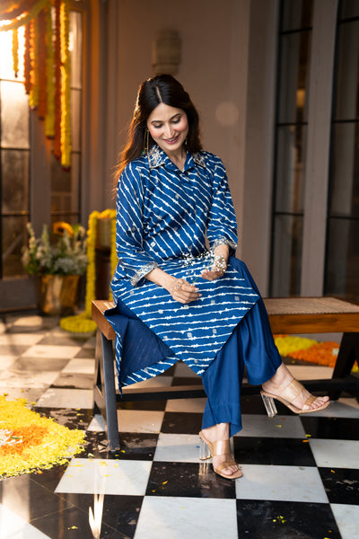 Blue Lehariya Gota Work Collared Kurta Set