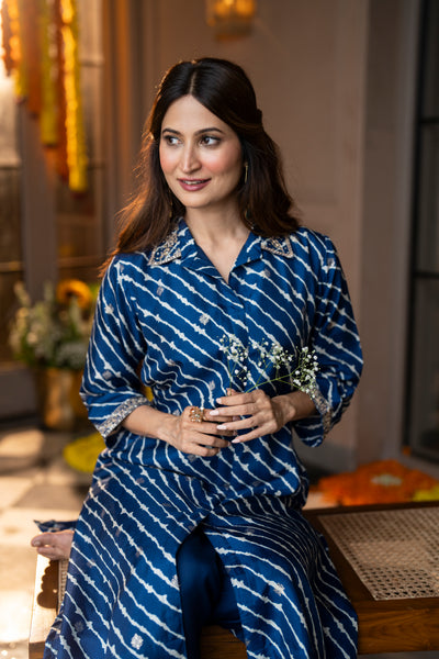 Blue Lehariya Gota Work Collared Kurta Set