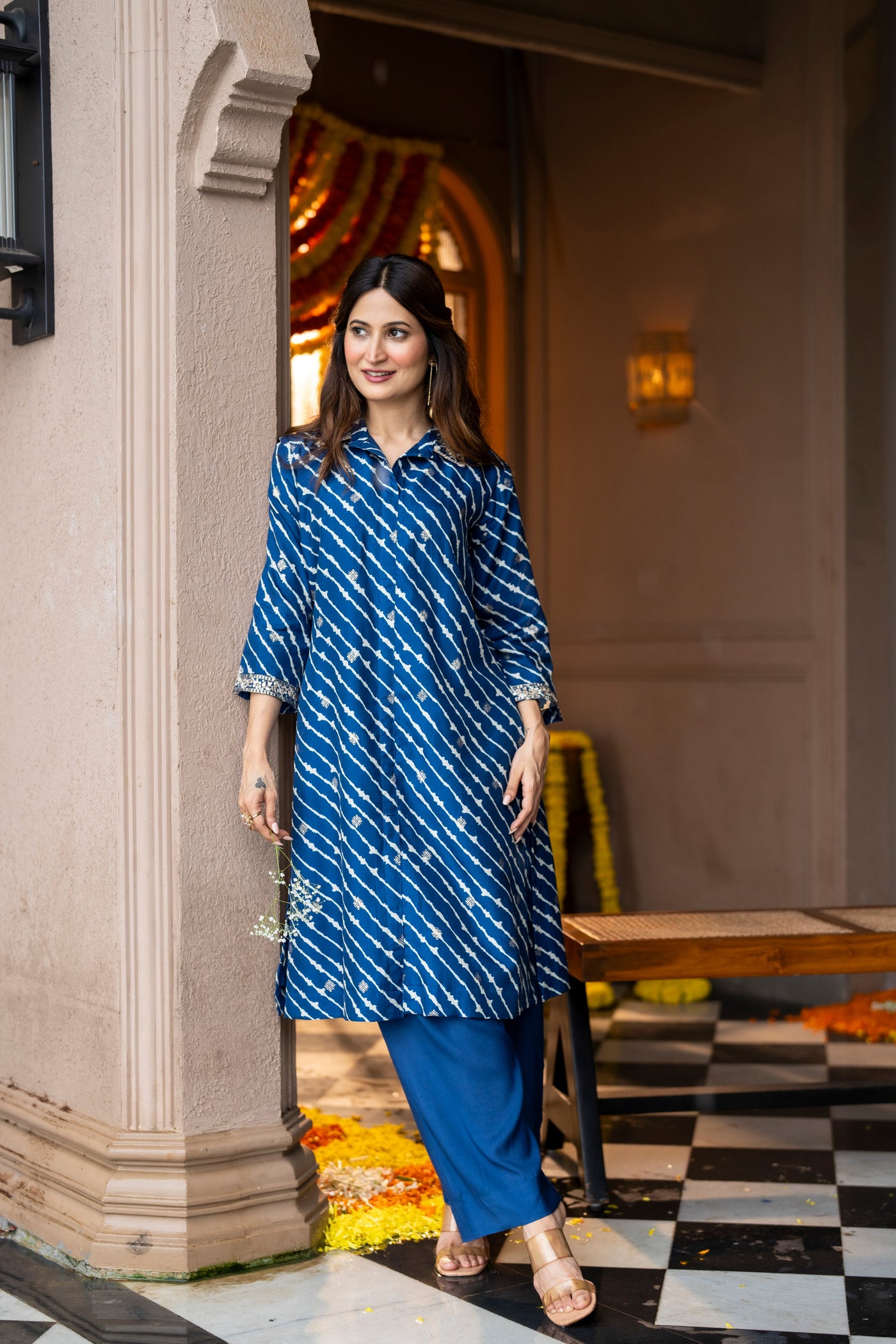 Blue Lehariya Gota Work Collared Kurta Set