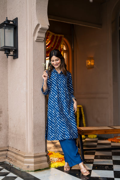 Blue Lehariya Gota Work Collared Kurta Set