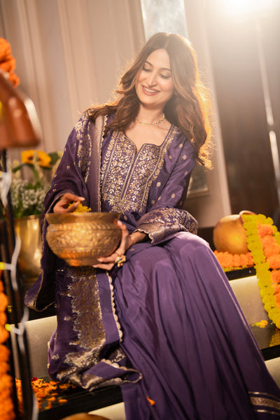 Purple Banarasi with Gota Work Sharara Set