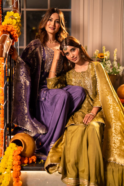 Mehendi Green Banarasi with Gota Work Sharara Set