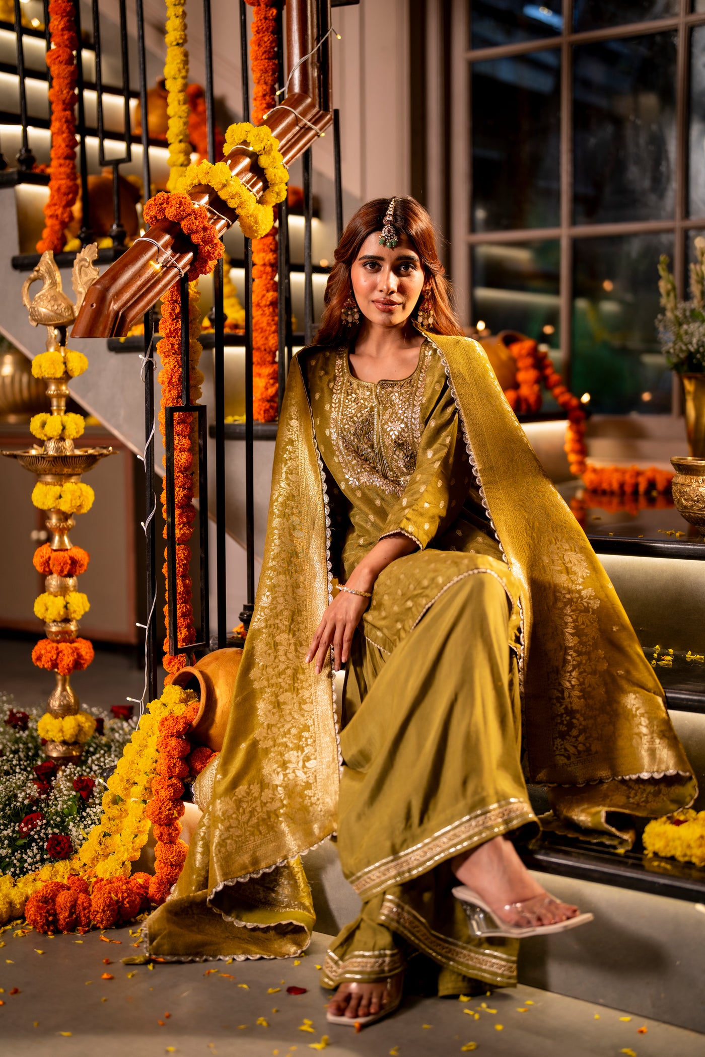 Mehendi Green Banarasi with Gota Work Sharara Set